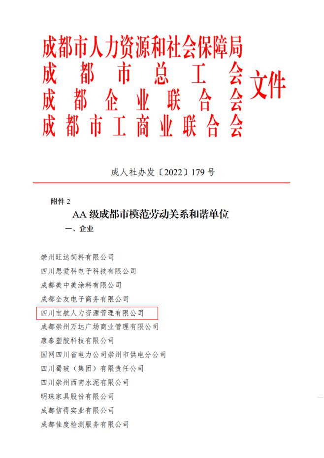 喜報(bào)|寶航人力集團(tuán)榮獲AA級成都市模范勞動(dòng)關(guān)系和諧單位